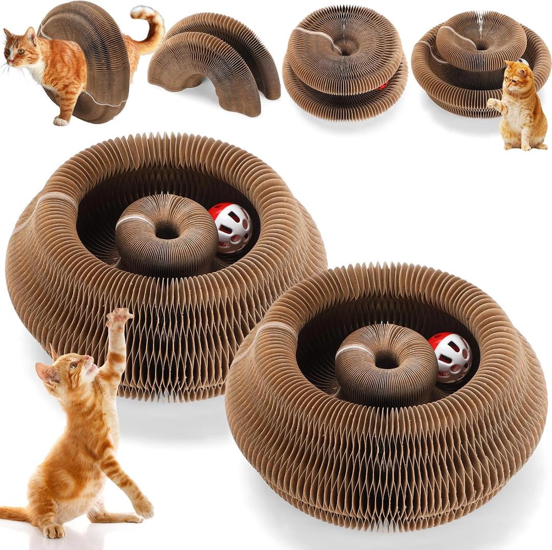 Soulchen 2 Pcs Magic Organ Cat Scratching Board, Combinable Cats Toy for Adult Pets, Interactive Cardboard Kitten Scratcher with Bell Ball, Durable Foldable Accordion Scratch Pad (Cat Paw)