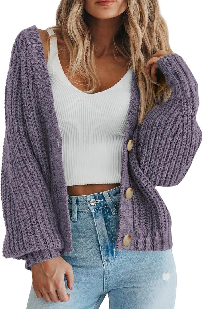 PRETTYGARDEN Women's Chunky Knit Open Front Sweater Long Sleeve Button Loose Short Cardigan Outerwear Coats (Large, Grey Purple)