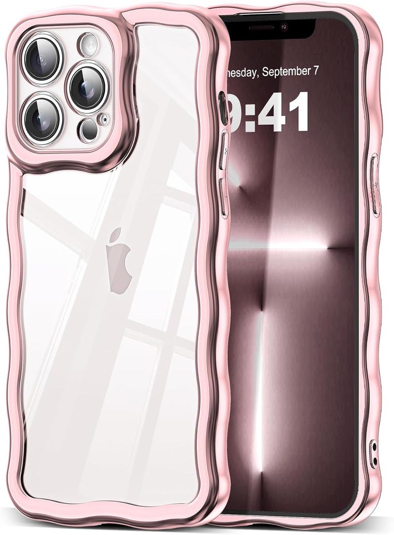 SKYLMW Compatible with iPhone 13 Pro Max Case, Kawaii Cute Curly Wave Frame Luxury Plating Edge, Stylish Glossy Clear Back, Soft TPU Shockproof Protective Cases for iPhone 13 Pro Max, Rose Gold