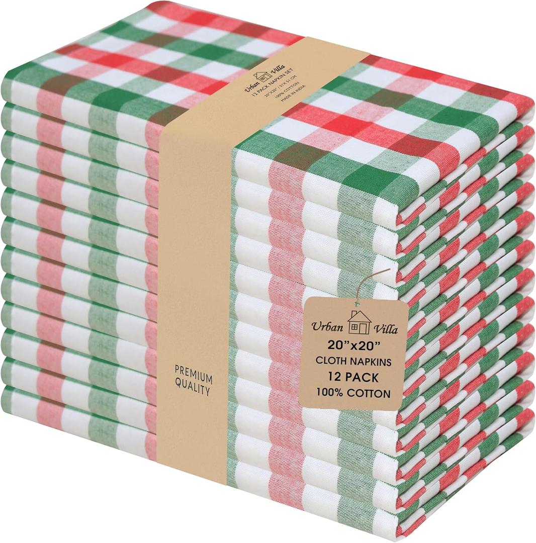 Urban Villa Cloth Napkins Set of 12 20x20 Inches 100% Cotton Napkins Cloth Washable Durable Reusable Absorbent Table Dinner Napkins Cloth for Christmas Hotel Lunch Restaurant Parties -X MAS Checks (Red/Green/White)