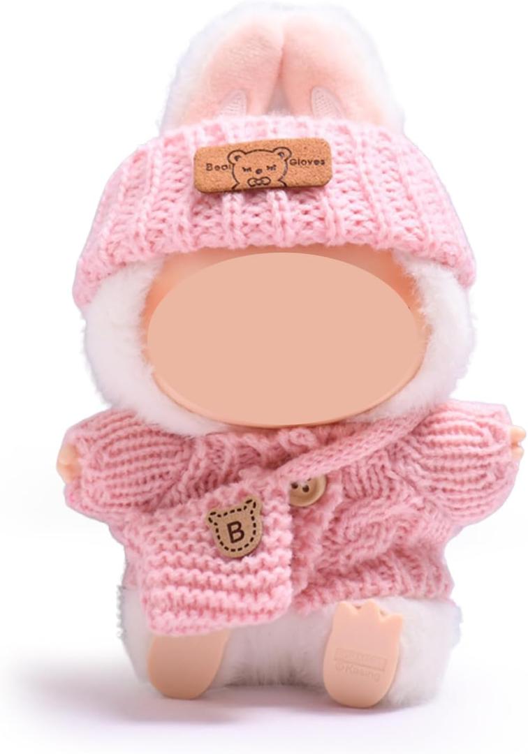 17cm Doll Clothes(No Doll),Crochet 3-Piece Set Hat Clothes Backpack,Stylish Dolls Clothes Accessories,Cute Doll Clothes Suit (Pink)