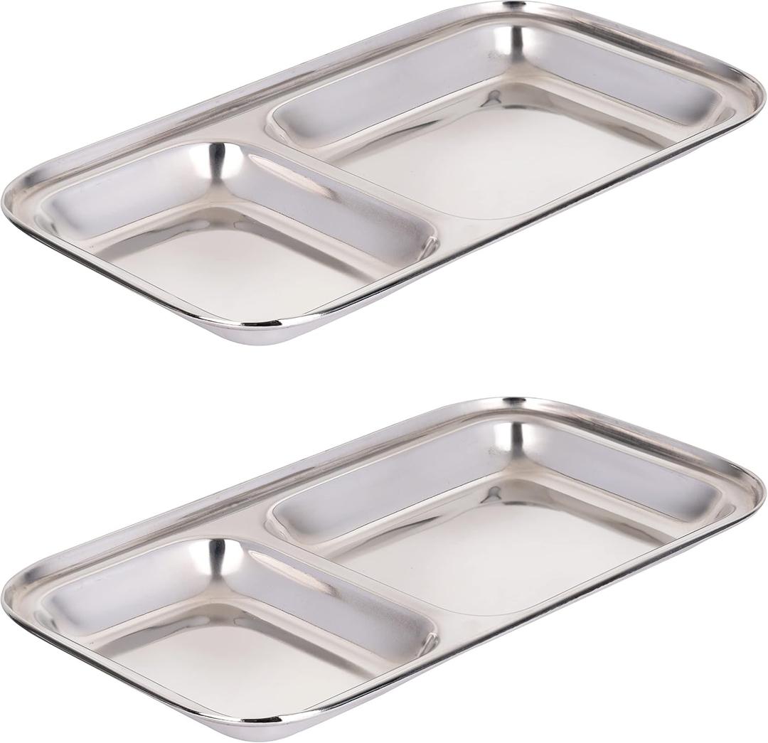 Stainless Steel Dinner Plates, 2 Pack, Small Appetizer Two Compartment divided Kids plates, Toddler Plates, Rectangular dishes, Non Toxic Metal Camping Trays, Dip Platter