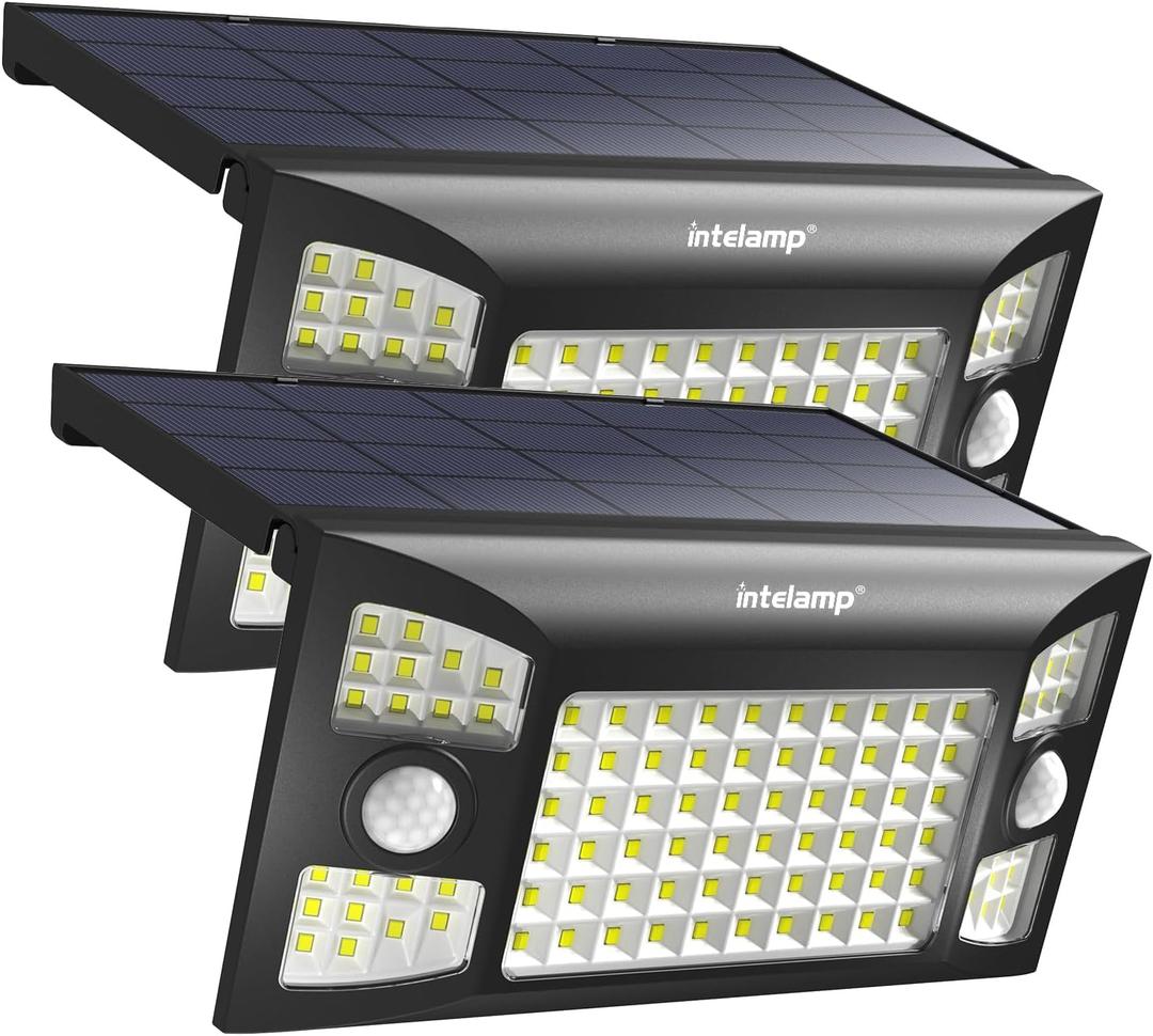 intelamp 2 Pack 4000mAh Solar Lights Outdoor Waterproof, 1300LM Solar Flood Lights Outdoor Motion Sensor Adjustable 3 Mode Wall Lights for Patio, Garage, Porch