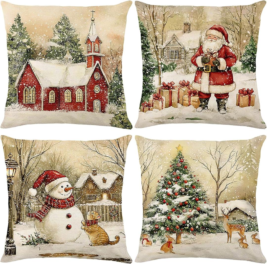 Retro Vintage Christmas Throw Pillow Covers 18x18 inch Set of 4, Snowy Church Santa Snowman Tree Xmas Pillow Cases for Couch Sofa Holiday Decor (Style 6)
