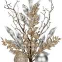 3 Pcs Christmas Glitter Leaves Fern Stems With Ball Ornament, Bay Leaves, 15 Inch Artificial Picks Floral Branches for Tree, Xmas Wreath, Centerpieces, Home Decor - Champagne