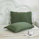 Olive Green Pom Poms Pillowcases, Green Standard Pillow Cases Set of 2, 100% Washed Microfiber, Dark Green Ball Fringe Pillow Cover, 2 Pack,  30" x 20"
