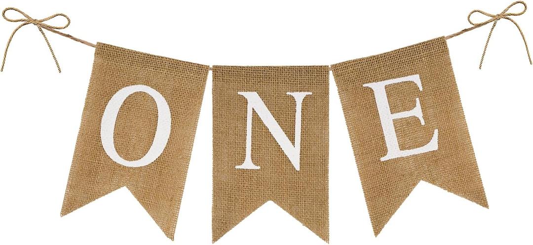 Anwyll Burlap One Banner - NO DIY One Highchair Banner First Birthday Boy Girl Banner Sign Decoration 1st Happy Birthday High Chair Banners for Photo Prop Party Decoration Indoor Outdoor (Brown)