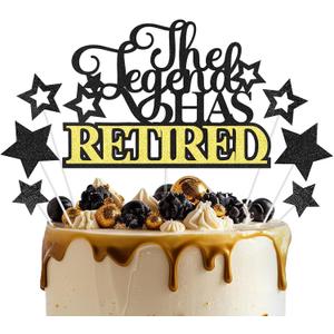 2 x Happy Retirement Cake Topper, The Legend HAS Retired Cake Topper, Black Gold Glitter Officially Retired Cake Decorations, Retirement Farewell Party Supplies Decor for Men Women
