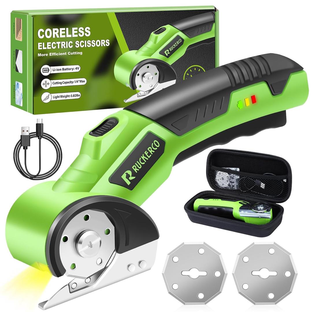 Cordless Electric Scissors Box Cutter 2 Rotary Blades  4V Duty Rechargeable Cardboard Cutter, Storage Box & Fabric Scissor With Safety Lock, USB Cable  For Plastic, Carpet, Leather, DIY Crafts (Green)