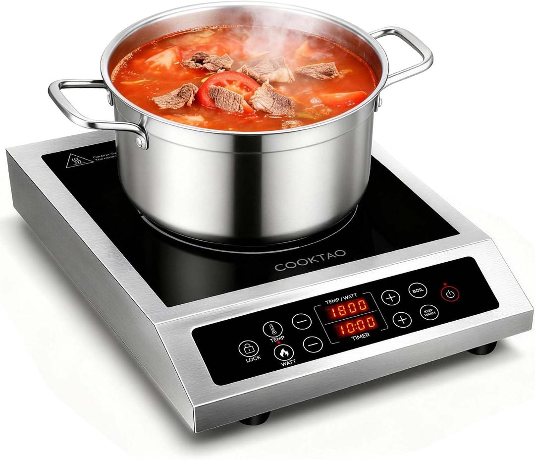 Stainless Steel Induction Cooktop, Professional Commercial Grade Single Burner Electric Cooktop, 1800W Hot Plate Portable Countertop Cooker with Temperature Control, Compatible with Magnetic Cookware