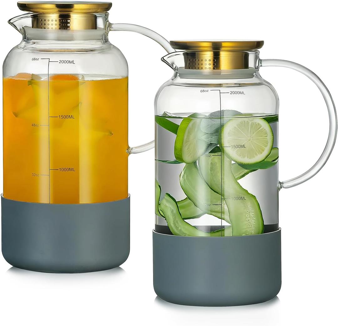 Buaic Glass Pitcher with Lid, 2 PACK 68 oz/2L Water Pitcher with Silicone Base and Precise Scale LineBorosilicate Glass Water Carafe for Coffee, Lemonade, Iced SunTea,Beverage,Water Glass Jug (Clear)