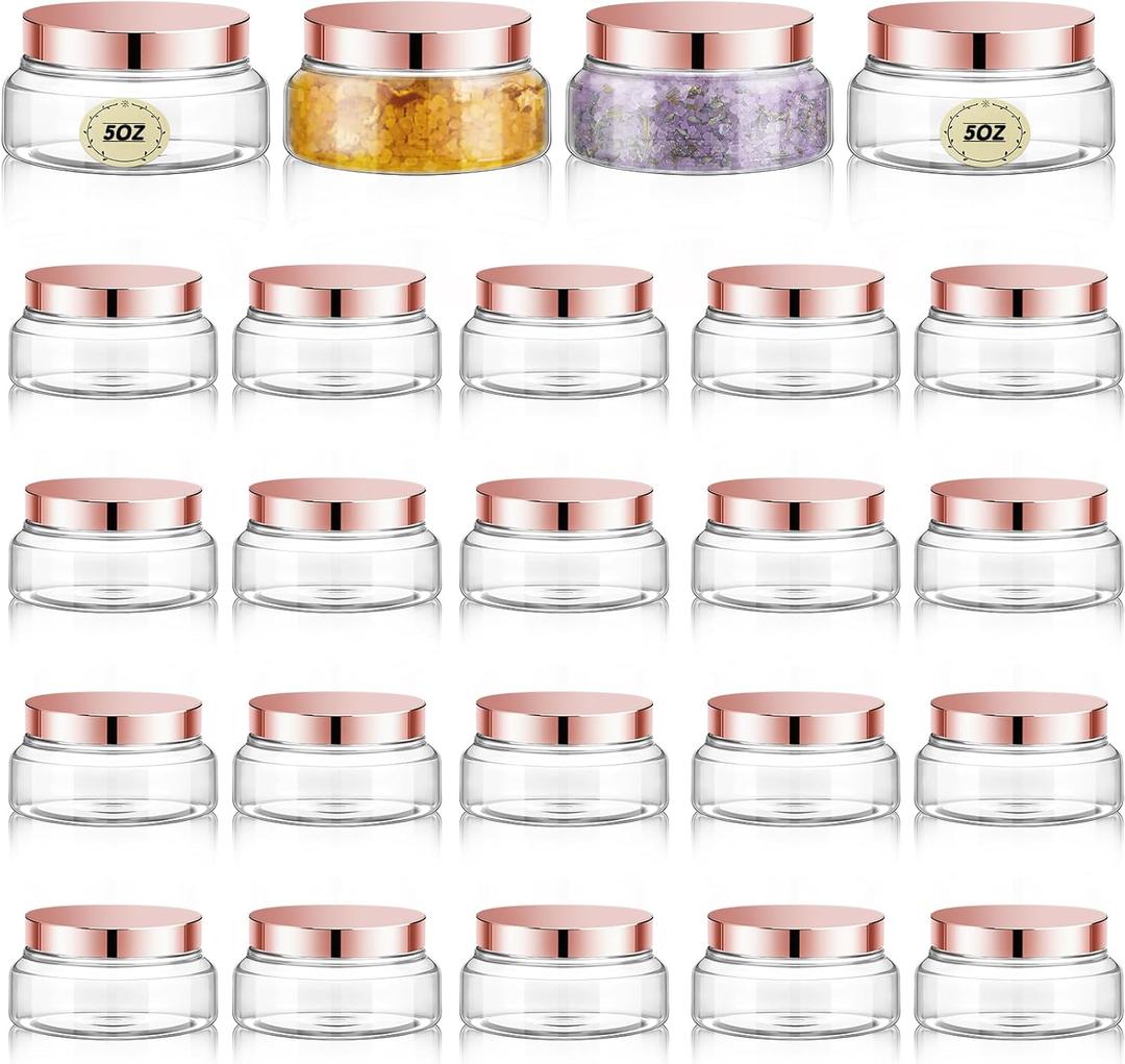 Tessco for you 24 Pack Plastic Jars with Lids Labels Multiuse Containers Empty Body Scrub Jars Round Refillable Cosmetic Body Butter Containers for DIY Slime Make Up Storage(5 oz,Clear, Rose Gold)