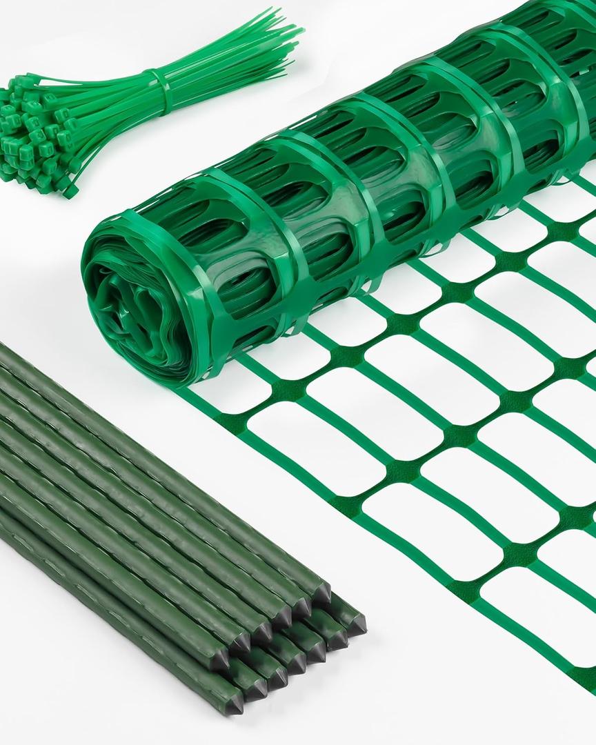 Temporary Fence, Snow Fence, 40" x50' Plastic Mesh Fence with 13-Pack 4FT Steel Stake, Portable Garden Fencing Safety Netting for Outdoor Backyard, Animals Barrier Set for Dog Deer, Green