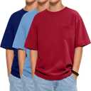 LessonZoo 3 Pack Boys T Shirts Kids Oversized Shirts Short Sleeve Crewneck Tees Loose Fit Casual Summer Basic Tops 5-14 Years(Coral Red, Light Blue, Navy Blue,7-8 Years)