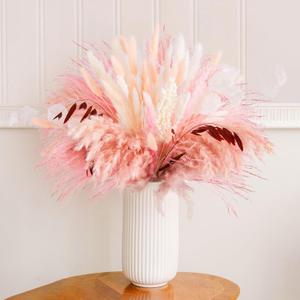N&T NETING 85Pcs Pink Pampas Grass Decor, Natural Dried Floral Pampas Grass, Boho Home Decor, Fluffy Dried Pompas Grass for Home Wedding Boho Beach Theme Bedroom Decor