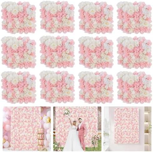 Pink Backdrop Flower Wall Panels: 3D Artificial Silk Floral Wall Panels for Wedding Birthday Decorations 24 Packs 15x15 Inches