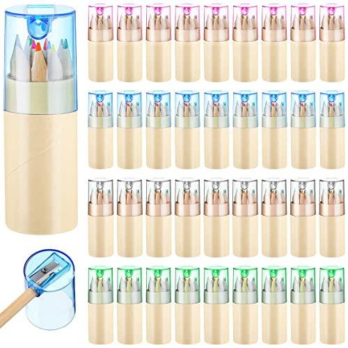 Kosiz 32 Pack Mini Colored Pencils Bulk Set, with Built-in Sharpener, 12 Colors Per Tube, Portable Coloring Kit for Travel, Party Favors, Classroom Rewards, Gift, Goodie Bag Supplies