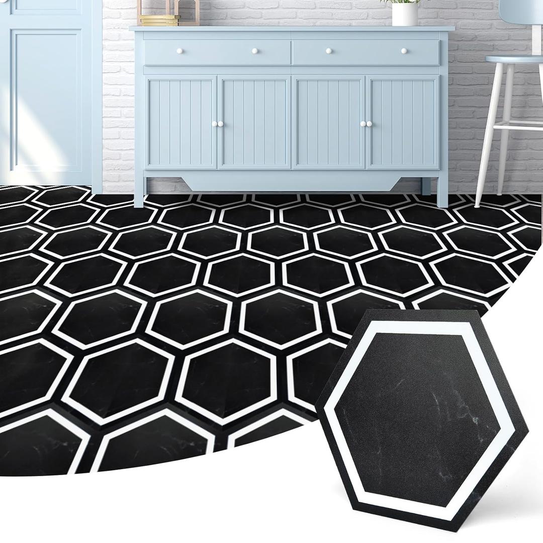 Art3d 30-Pack Hexagon Peel and Stick Flooring Tile Marble Look, Self Adhesive Waterproof Vinyl Floor Tile for Kitchen Bathroom Living Room Bedroom, 11.8" x 10.2" Black Marble