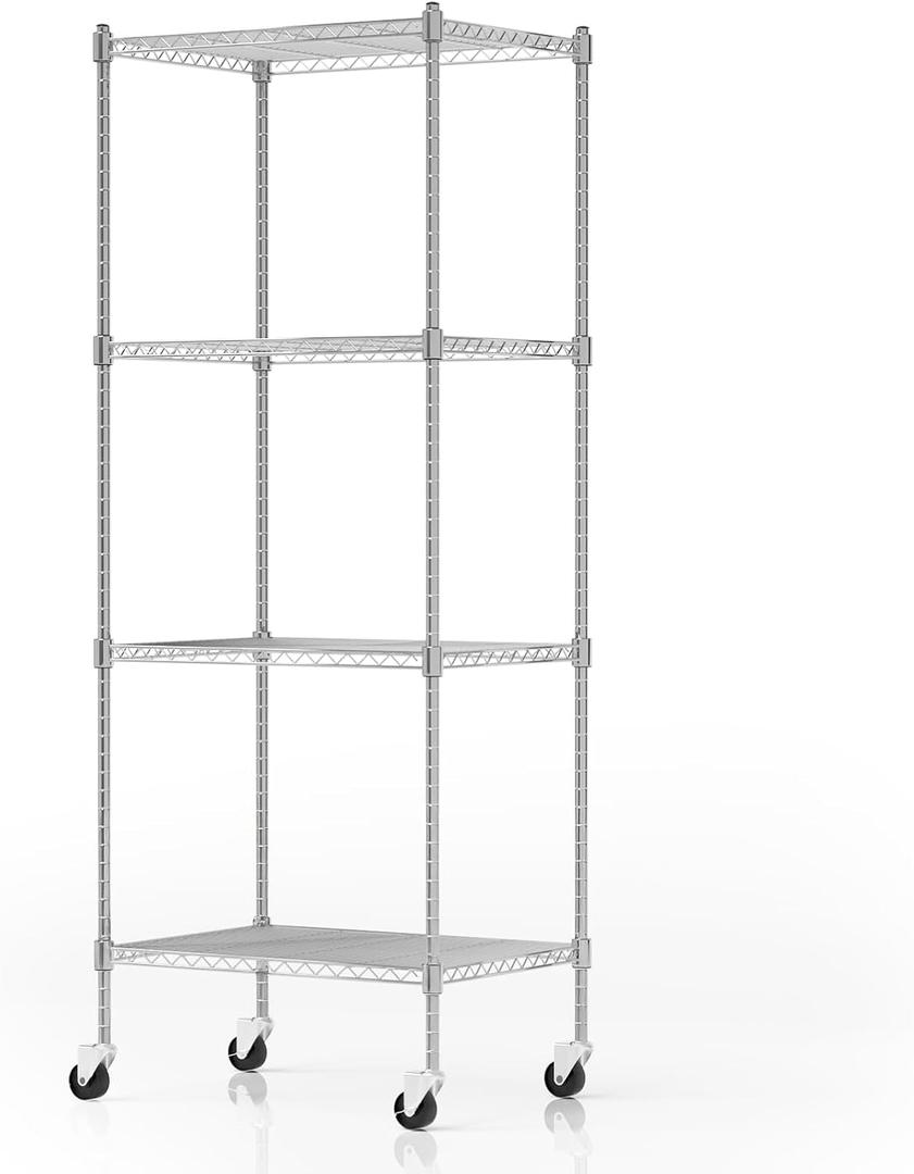 Garage Shelving with Wheels, 4 Tier Shelving Unit and Adjustable Feet, 865 lb High Capacity Rolling Storage Shelf for Kitchen, Office, Dining Room, Garage, Chrome