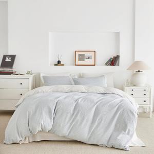 SUSYBAO Light Blue Seersucker Duvet Cover Queen 100% Cotton 3 Pcs Set 1 Textured Seersucker Duvet Cover with Zipper Ties 2 Pillow Shams Washed Cotton Blue Stripe Textured Bedding Set Soft