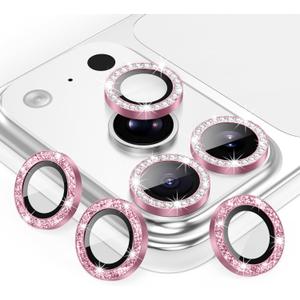 AGVEE 3+3 6 Pack for iPhone 17 Pro 6.3" / 17 Pro Max 6.9" Camera Lens Protector, Bling Diamond & Bling Glitter Metal Ring 9H Tempered HD Glass Camera Cover Film, Bling-Pink
