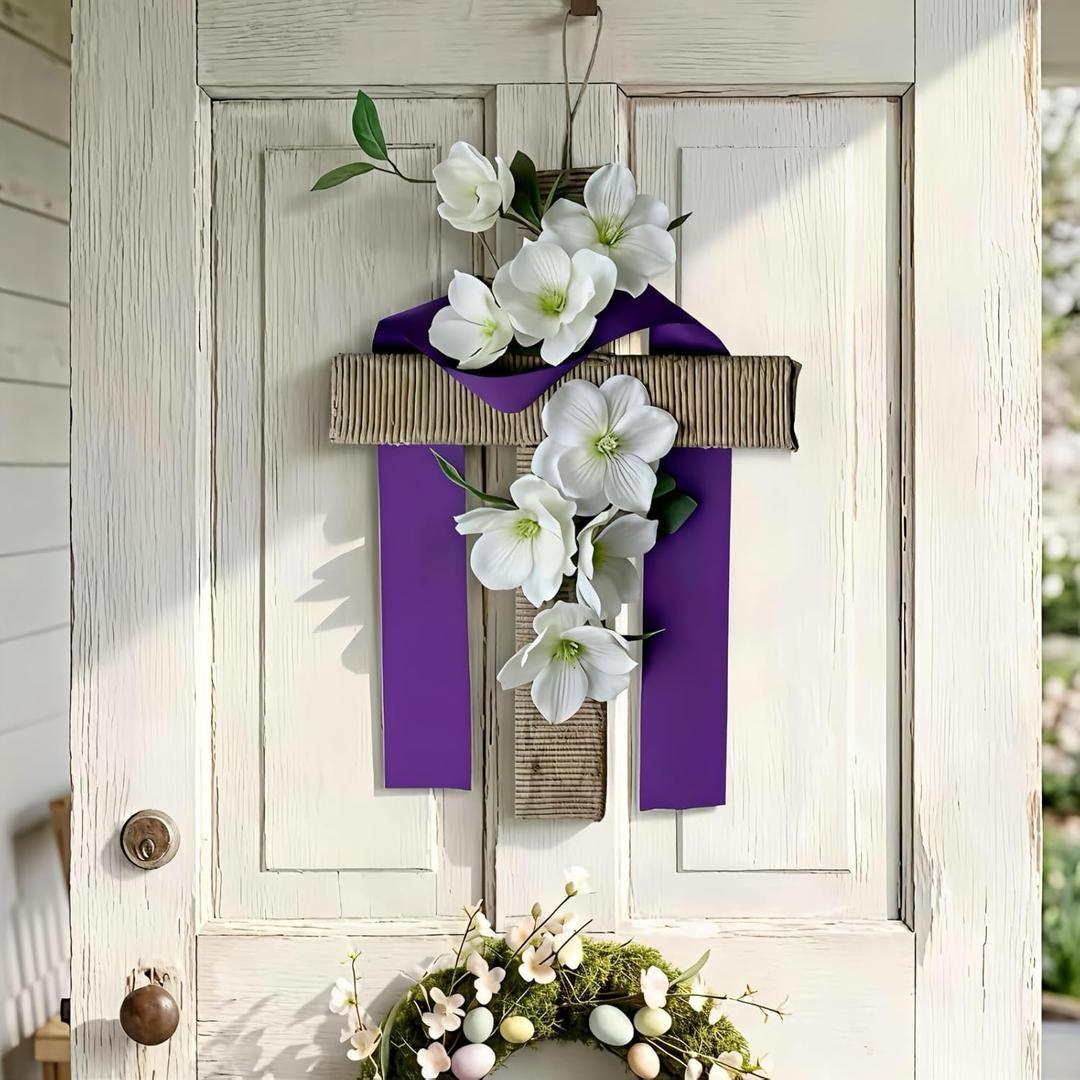 Easter Cross Wreath for Front Door, 14 Inch Rustic Cross with White Lily Flowers and Purple Ribbon, Spring Religious Wall Hanging Decor for Home Porch Church Party Celebration