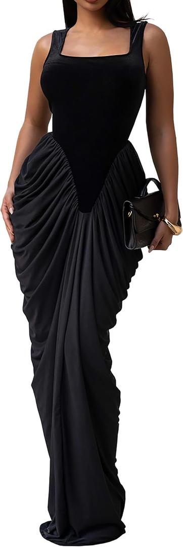 Figdaw Women's Elegant Maxi Dress Sexy Halter V Neck Sleeveless Side Split Ruched Ruffle Gown Formal Cocktail Party Evening Long Bodycon Dresses(Black,S,7582)
