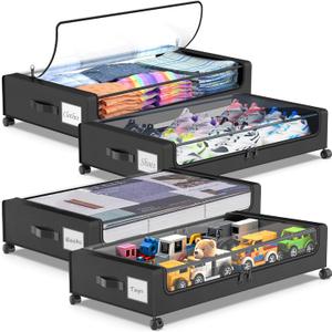 Beborxue Under Bed Storage with Wheels, 4-Pack UnderBed Storage Containers with Clear Lids, XXL 60L Under the Bed Storage Organizer Bins, Rolling Under Bed Metal Drawer for Clothes,Shoes,Toys (Black)