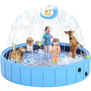 Foldable Dog Pool with Sprinkler, 87'' Extra Large Non-Slip Dog Swimming Pool, 2-in-1 Outdoor Backyard Pet Bathing Tub with Drain Plug for Dogs Kids Pets Ducks