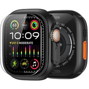 amBand Metal Case Screen Protector Cover for Apple Watch Ultra 2/Ultra 49mm, W3 Rugged Bumper Thin Frame + 9H Tempered Glass Film + Ceramic-Like Back Cover, [Stylish] [Waterproof], Matte Black