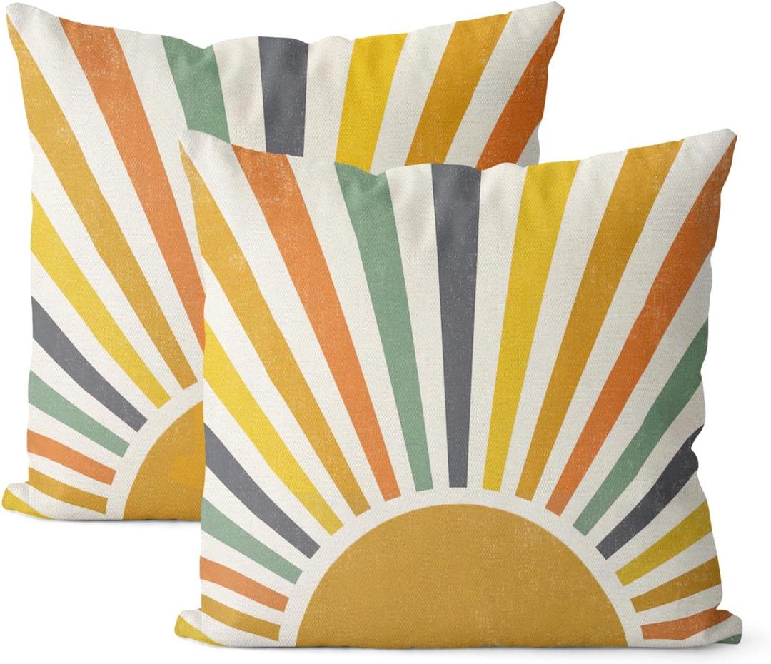 Boho Pillow Covers 18x18 Set of 2 Stripes Colorful Yellow Sunshine Decorative Pillow Cases Summer Rainbow Sun Outdoor Cushion Cover Cute Farmhouse Linen Decor Throw Pillows for Couch Sofa