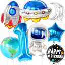 KatchOn, Big Space Balloons First Birthday Set - 40 Inch, Pack of 8 | First Trip Around The Sun Balloons, Number 1 Balloon | Blue Space Birthday Balloons for First Trip Around The Sun Decorations