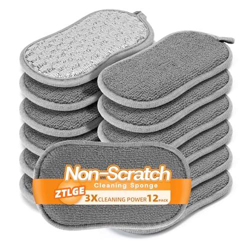 Multi-Purpose Scrub Kitchen Sponges – 12 Pack Dish Sponge, Dual-Sided Non-Scratch Microfiber & Metal Scrubber, Reusable Sponges for Dishes, Pots, Glass, Sink, Stovetop & Bathroom
