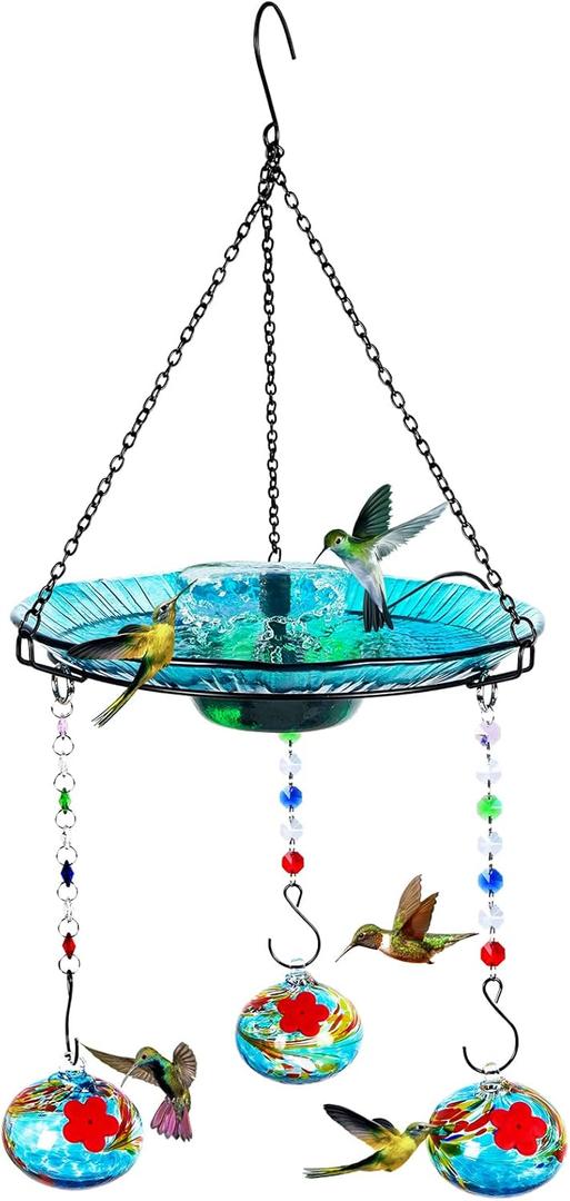 Hummingbird Feeder and Bird Bath for Outdoors 2-in-1 for Small Birds - Hummingbird Bath Fountain with 3 Red Feeder Pots - Hanging Solar Bird Bath Fountains NY1-FN04 (Blue)