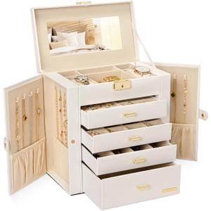 Homde Synthetic Leather Huge Jewelry Box Mirrored Watch Organizer Necklace Ring Earring Storage Lockable Gift Case (White + Gold), 10.43’’ (L) X 6.10’’ (W) X 11.14’’ (H)