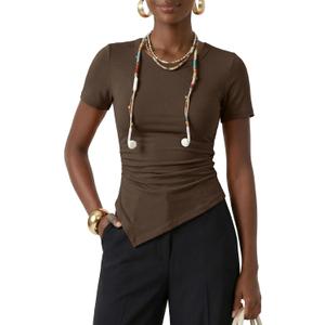 ZESICA Asymmetrical Ruched Tops for Women 2026 Summer Casual Short Sleeve Slim Fit Y2K Going Out Shirts (S)