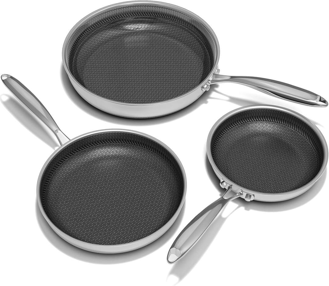 Umite Chef Hybrid Non Stick Frying Pans Set, 8, 10 and 12-Inch Stainless Steel Skillets Pan for Cooking, Dishwasher & Oven-Safe Cooking Pan, Stay-Cool Handles, Induction Compatible PFOA Free Cookware