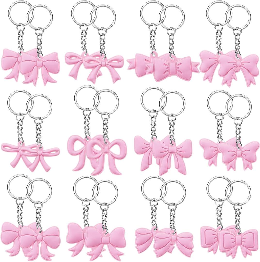 24 Pcs Pink Bow Keychains Party for Supplies, Birthday Party Bow Keychains, 12 Style Bachelorette Party Decoration Baby Shower Party Cute Supplies(Light Pink)