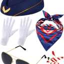 Bencailor 6 Pcs Halloween Women Flight Attendant Costume Accessories Stewardess Outfits Bellhop Hat Scarf Sunglasses Gloves (Dark Blue)