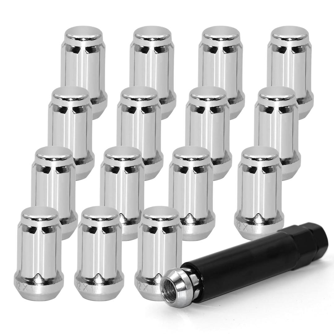 16 PCS M12x1.5 Chrome Lug Nuts, 1.35" Tall Hex Trailer Lug Nuts, 60 Degree Conical Cone Seat with Socket Key, Wheel Lugnuts Compatible with Ford Fusion 2006-2019, Ford Focus 2000-2019