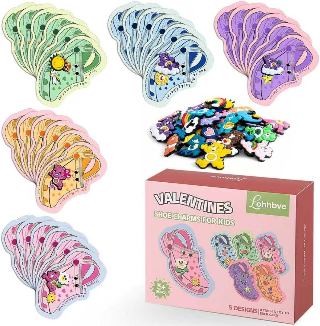 2 x 30 Packs Party Favors for Kids, Valentines Day Gifts for Classroom with 30 Cards,Shoe Charms Shoe Decorations with Assorted Cute Designs for Girls Boys Clogs