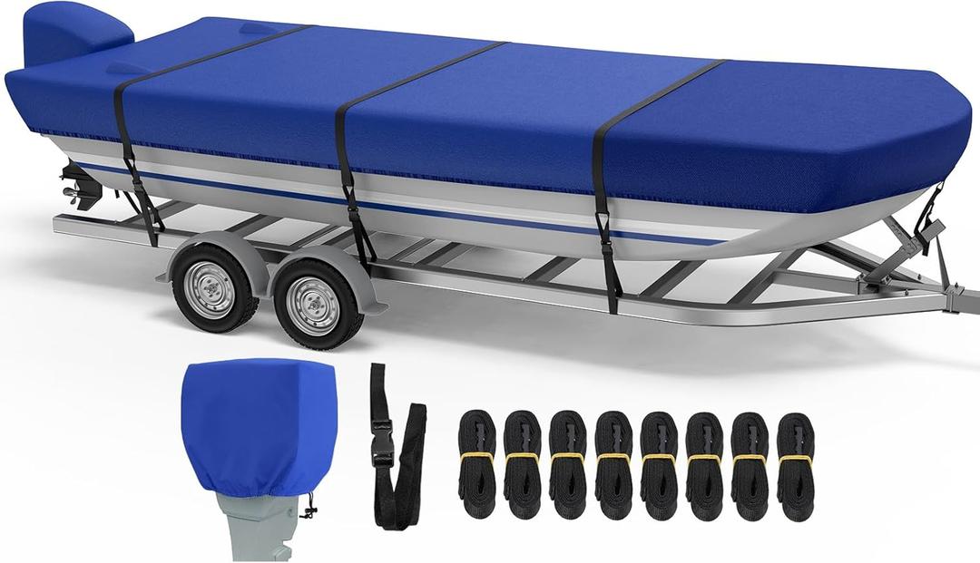 RVMasking Jon Boat Cover with Motor Cover, 1400D Heavy Duty Front Reinforced, Marine Grade Waterproof UV Resistant Jon Boat Cover for Length: 12'-14', Beam Width up to 70", Blue