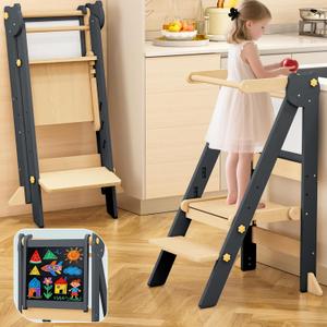 Foldable Toddler Tower, Wooden Toddler Kitchen Stool with 3 Adjustable Heights and Removable White/Blackboard, Montessori Foldable Learning Tower Kitchen Stool, Natural Wood