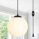 Globe Plug-in Pendant Lights - Black Mid Century Light Fixture with Milk Glass, Modern Ceiling Chandelier, Large Hanging Pendant Light for Kitchen, Bedroom, Living Room, Dinning Room, Hallway