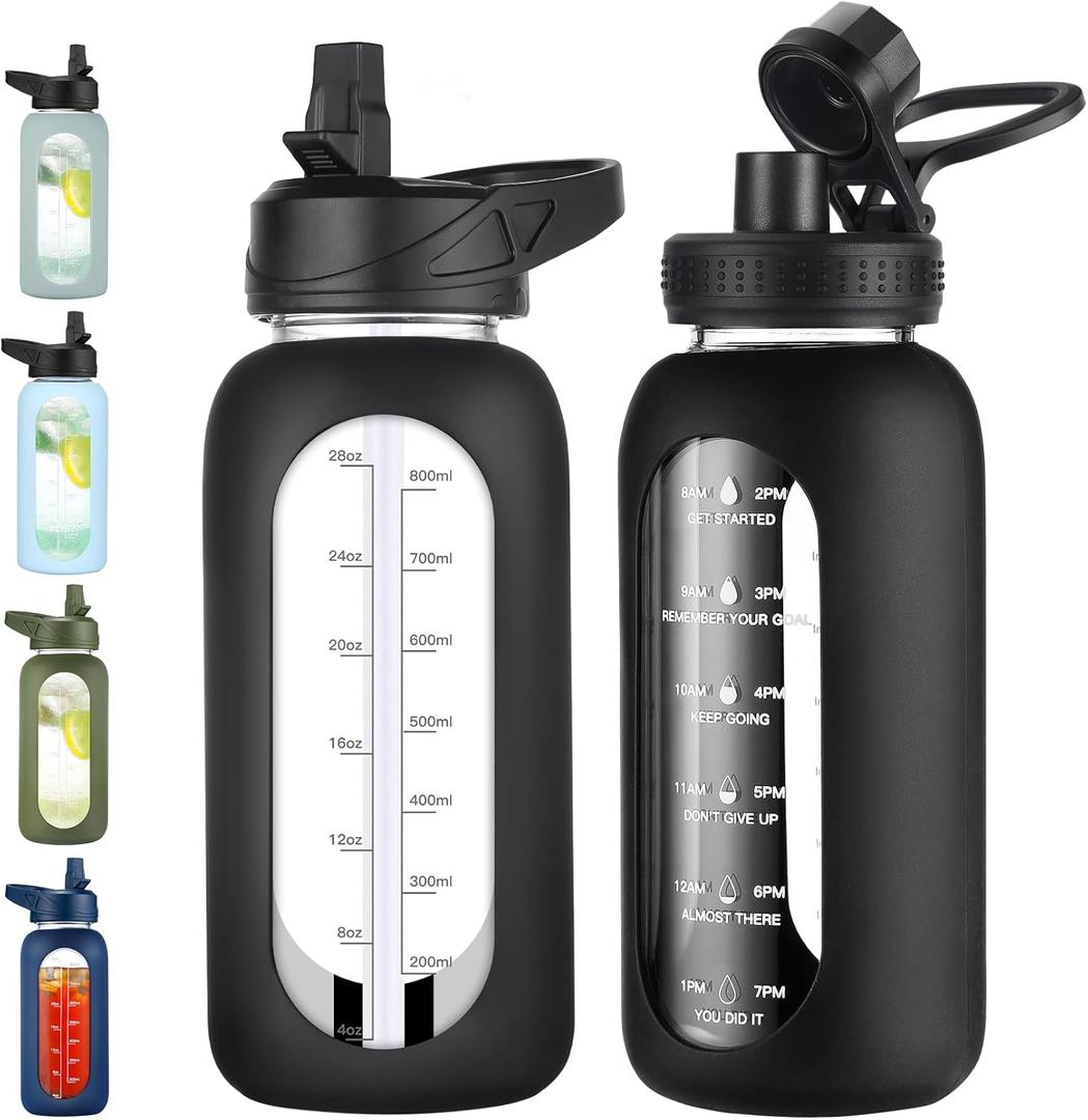 EALGRO 32 oz Glass Water Bottle with Straw and Handle, Sports Motivational Water Flask with Silicone Sleeve, Large Leakproof Water Flask Cup with Time Marker for Travel, Gym, Black