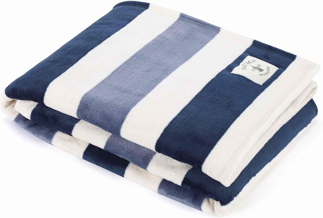 Nautica - Blanket, Ultra-Soft Plush Fleece Blanket for Bed or Couch, Lightweight Micro Flannel Throw Blanket for Year Round Comfort (Awning Stripe Blue, 50" x 60")