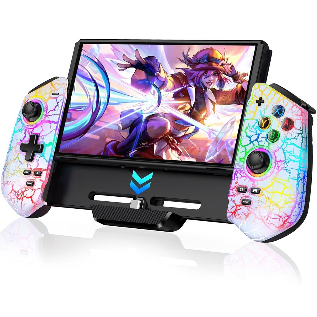 Switch Controllers, Hall Effect Joystick Switch Joypad for Nintendo Switch/OLED, Full-Size Grip Wireless Switch Pro Controller with Light, No Drift Handheld Remote Mode (White-Crack)