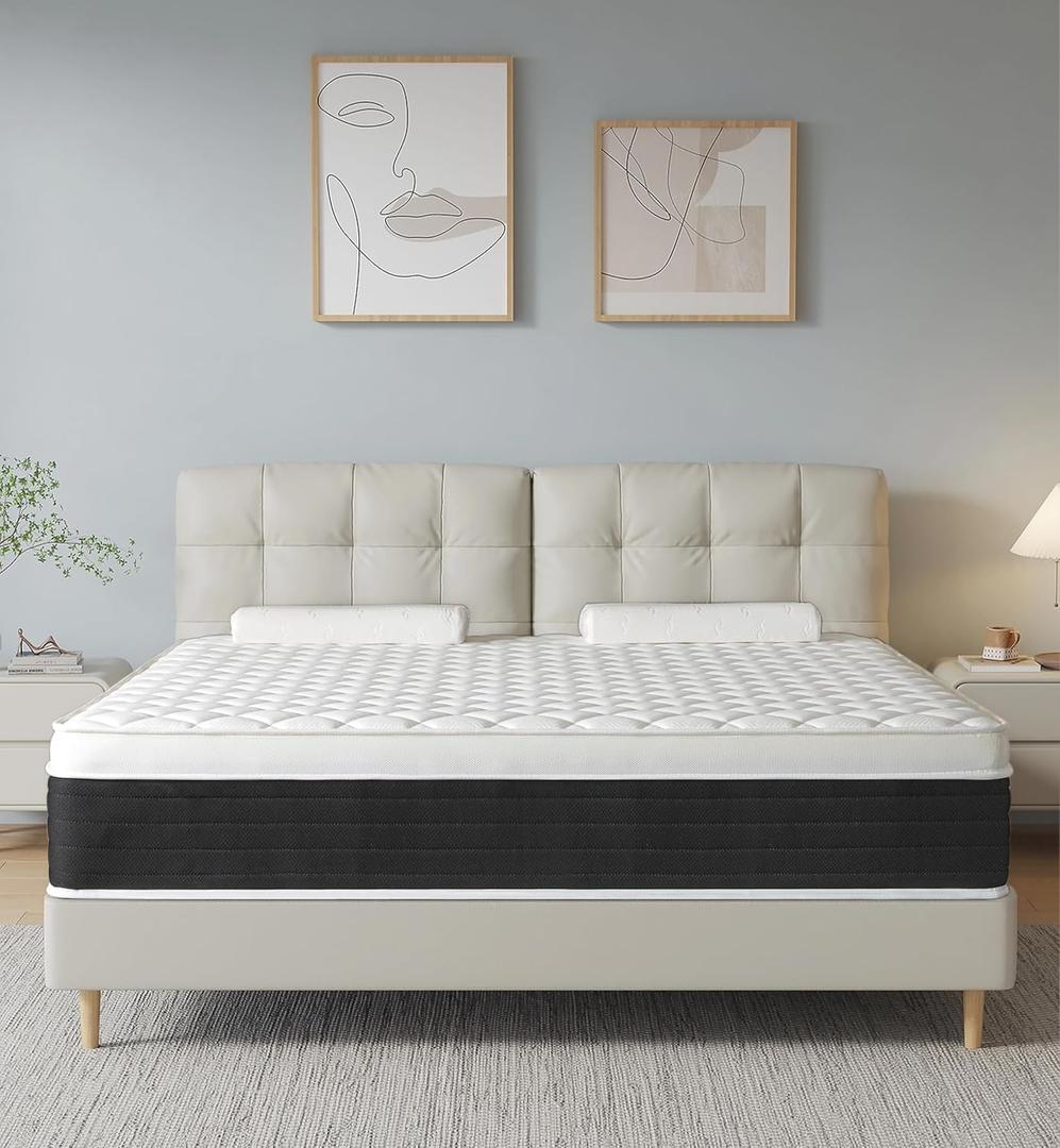 Full Mattresses,Memory Foam Hybrid 10 Inch Full Size Mattress in a Box, Individual Pocket Springs, Full Size Hybrid Mattress, Breathable, Black&White, Pressure Relief