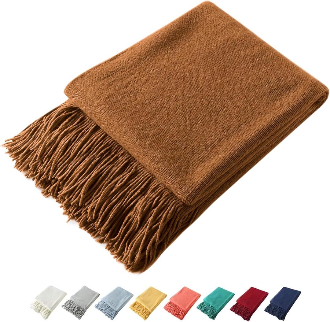 Homiest Decorative Knitted Throw with Fringe, Lightweight Acrylic Knit Blanket, Soft & Cozy Tassel Blanket for Couch, Sofa, Bed (Light Brown, 50 x 60 Inch)