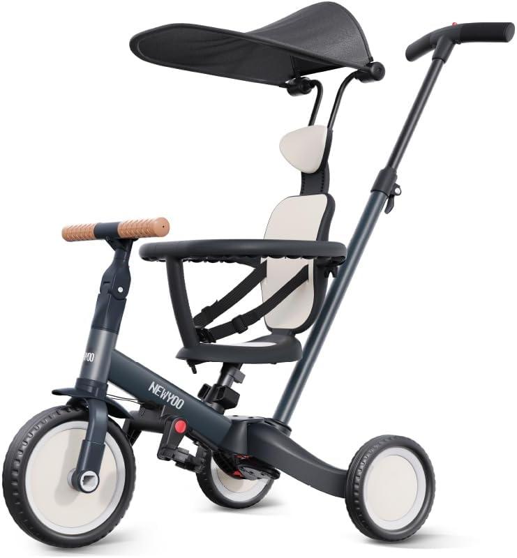 Newyoo Tricycle for Toddlers 1-3, Toddler Tricycle with Push Handle and Canopy, Toddler Bike, Birthday Gift and Toys for Girl and Boy, 6 in 1 Baby Trike, Balance Bike, TR009, Dark Grey, Medium
